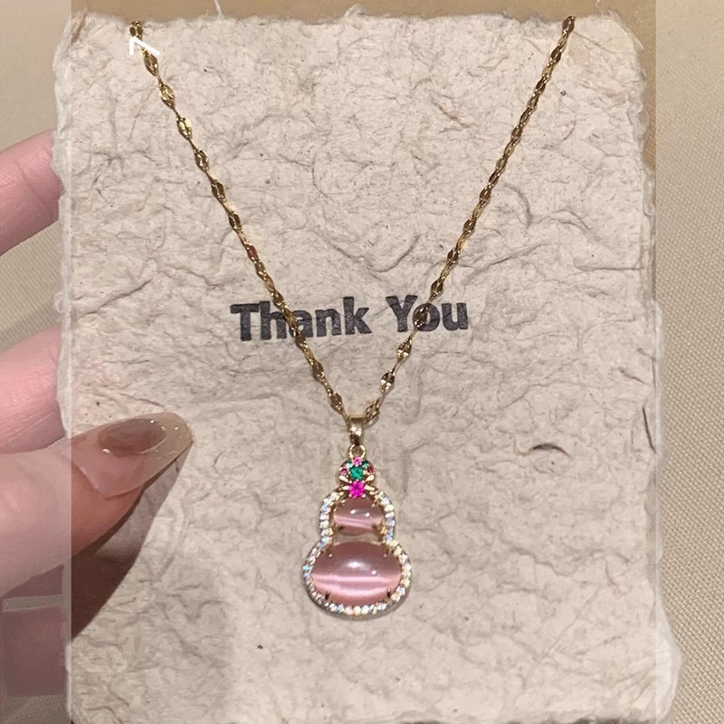 Gold Pink Gourd Cat Eye Pendant Necklace