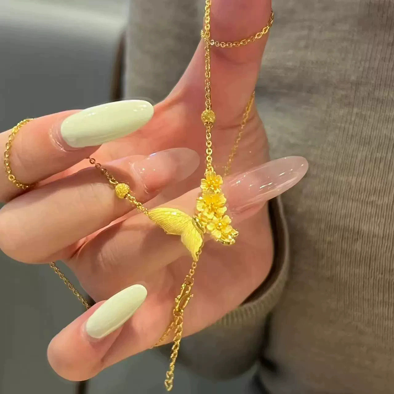 Gold Butterfly Flower Cluster Pendant Necklace