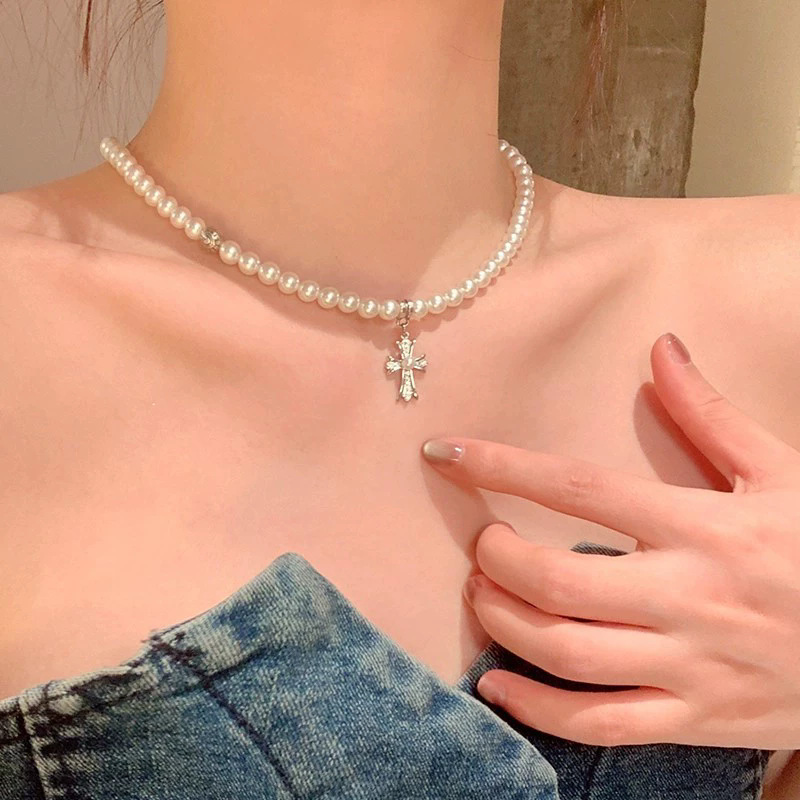 Pearl CZ Cross Choker Necklace
