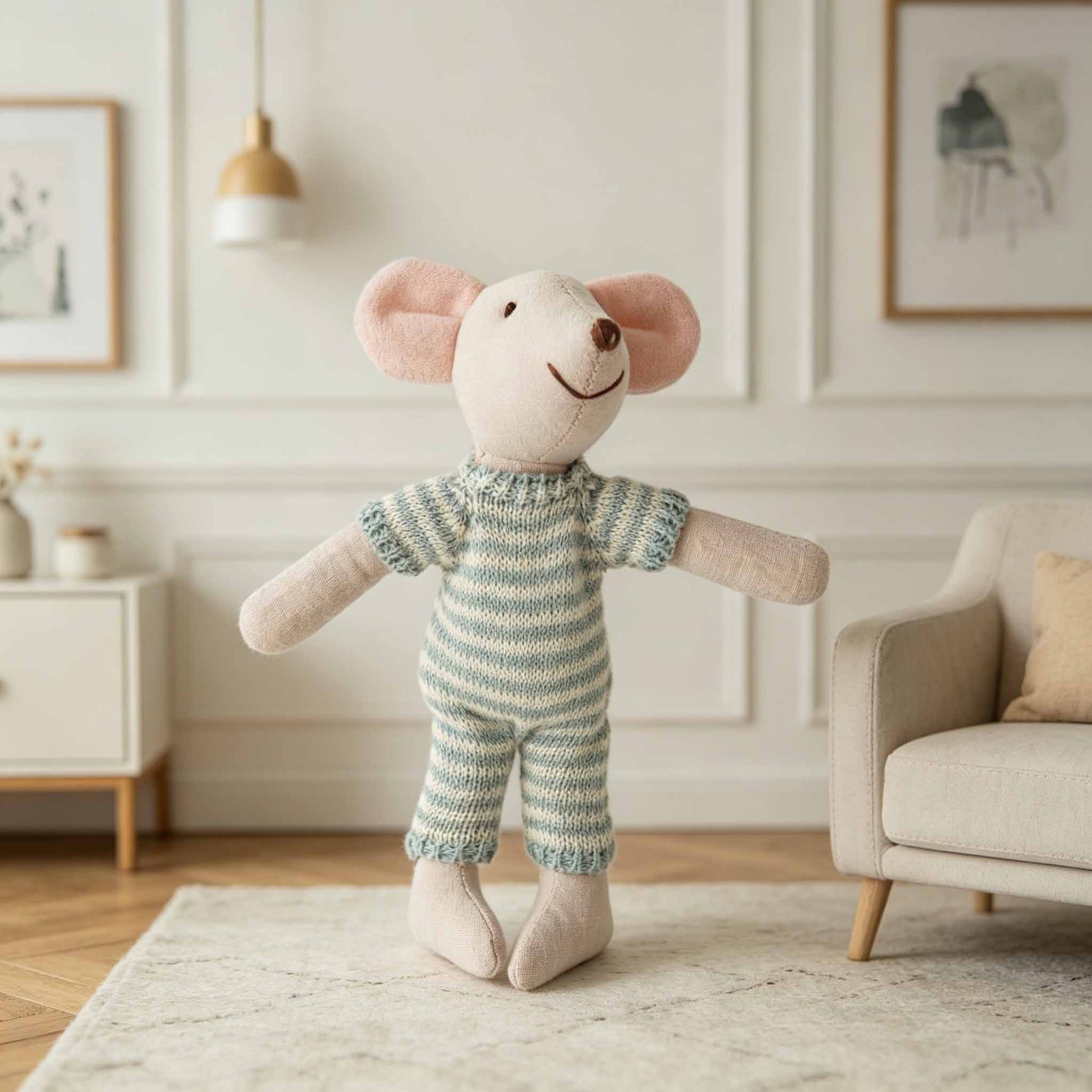Grey White Stripe Romper Mouse Plush 15cm