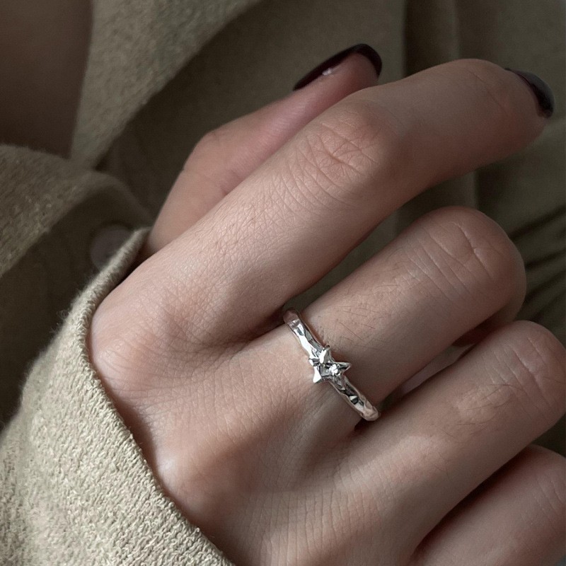 Hammered Starburst CZ Silver Ring