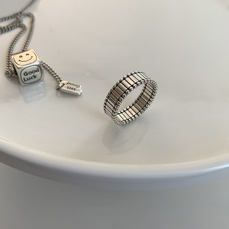 Ribbed Grid Wide Band Silver Ring