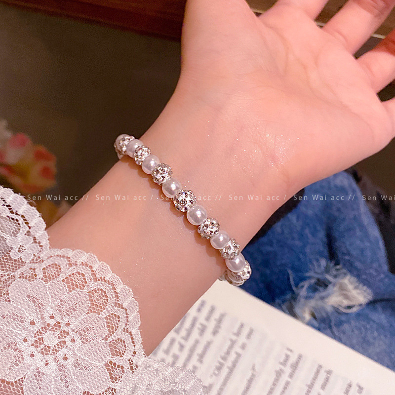 Silver Large Pearl Crystal Bead Stretch Bracelet