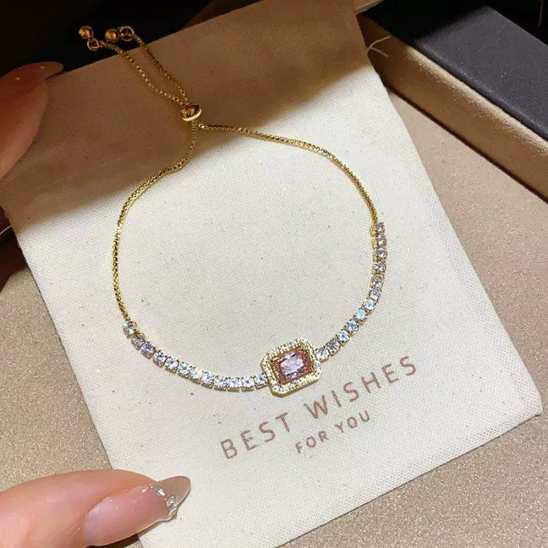 Gold Pink Zircon Halo Tennis Bracelet